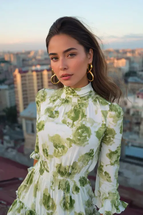 A woman in a white and green floral high-neck midi dress with ruffle hem and gold hoop earrings, posing on a rooftop with views of the city at sunset