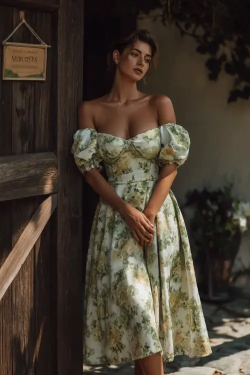 A woman in a white and green floral midi dress with puff sleeves and a sweetheart neckline, standing by a wooden sign at an elegant outdoor wedding 