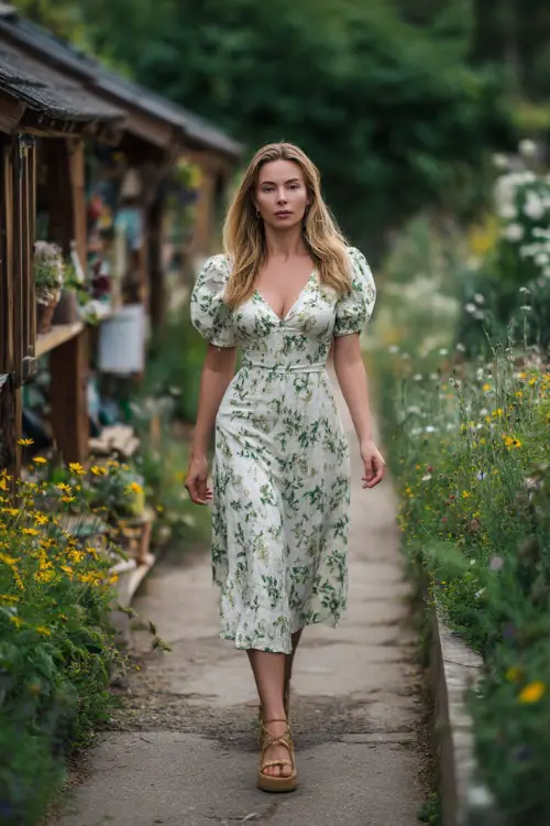 A woman in a white and green floral midi dress with puff sleeves and woven sandals, walking along a garden aisle lined with wildflowers 