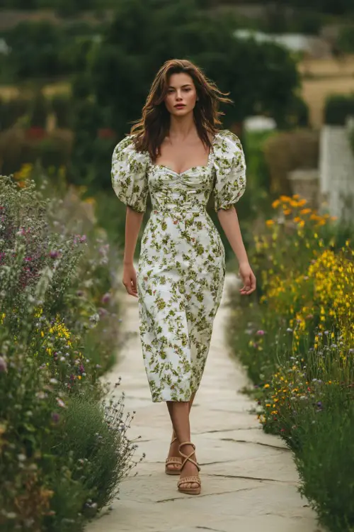 A woman in a white and green floral midi dress with puff sleeves and woven sandals, walking along a garden aisle lined with wildflowers