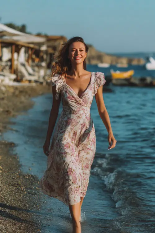 A woman in a white and pink floral-print midi dress with cap sleeves and a breezy silhouette, walking along the shoreline with a casual wedding setup nearby