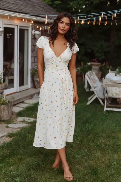 A woman in a white midi dress with scattered daisy prints and cap sleeves, standing at the entrance of a backyard wedding with casual seating and string lights 