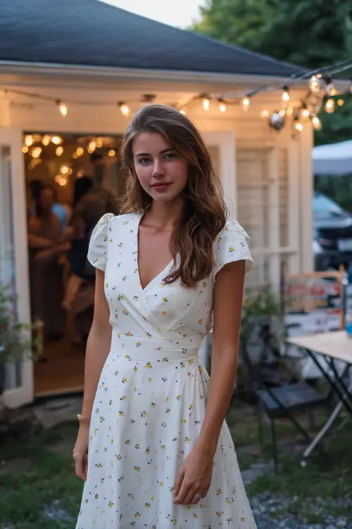 A woman in a white midi dress with scattered daisy prints and cap sleeves, standing at the entrance of a backyard wedding with casual seating and string lights 