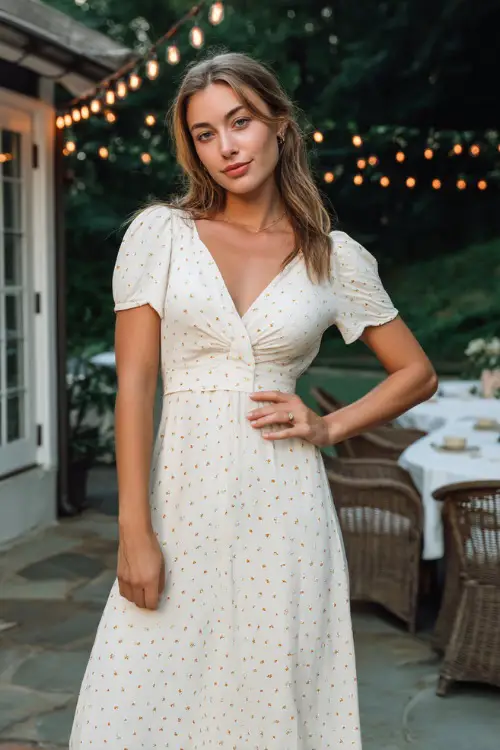 A woman in a white midi dress with scattered daisy prints and cap sleeves, standing at the entrance of a backyard wedding with casual seating and string lights 
