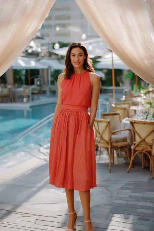 A woman wearing a coral sleeveless dress with a pleated midi skirt and neutral heels, standing under sheer fabric draping at a destination rehearsal dinner 
