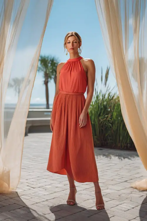 A woman wearing a coral sleeveless dress with a pleated midi skirt and neutral heels, standing under sheer fabric draping at a destination rehearsal dinner 