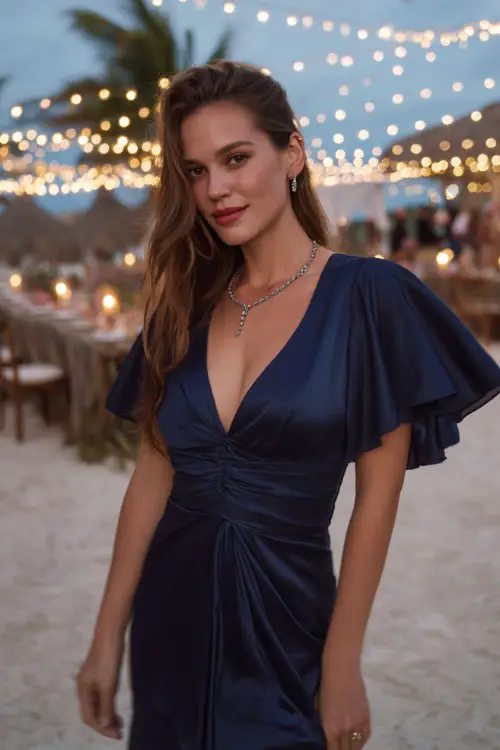 A woman wearing a navy blue satin midi-length gown with flutter sleeves and silver accessories, standing beneath string lights strung along a beach reception space 