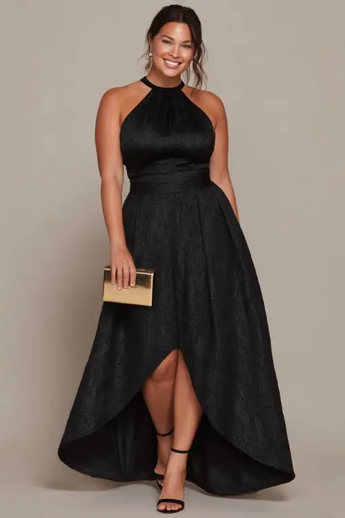 A women wears black halter neck wedding guest dresses