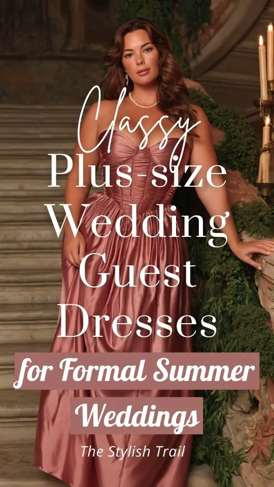 a plus size woman wears a classy wedding guest dress for formal wedding in summer