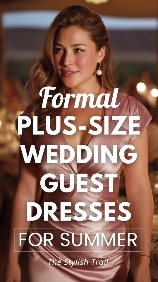 a plus-size woman wears a formal wedding guest dress for summer