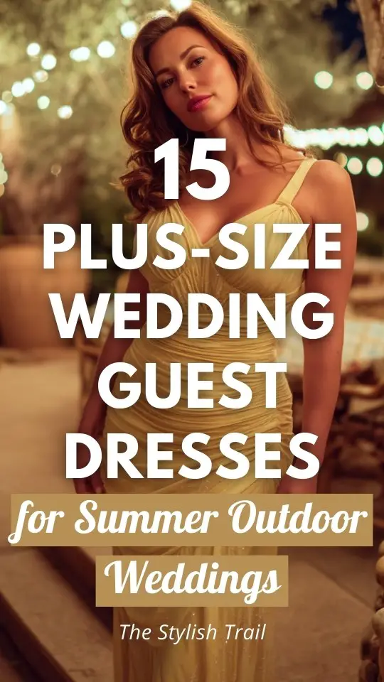 a plus size woman wears a yellow wedding guest dress for summer outdoor wedding
