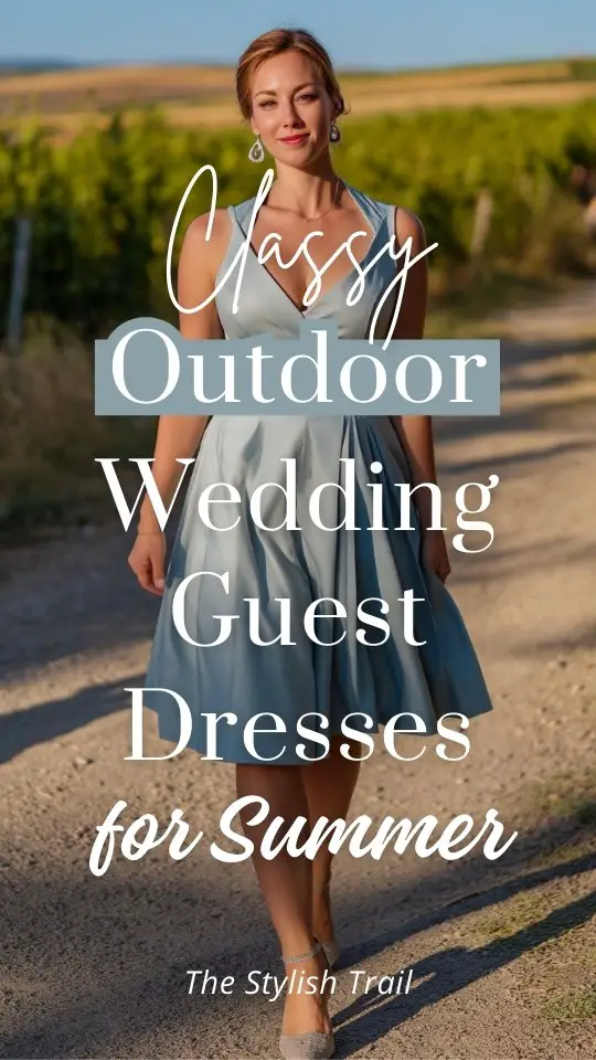 a woman wears a blue wedding guest dress for summer outdoor wedding