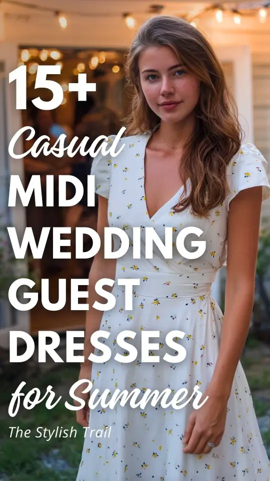 a woman wears a casual midi wedding guest dress for summer