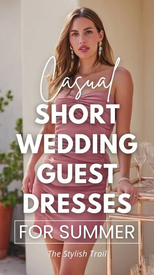 a woman wears a casual short wedding guest dress for summer