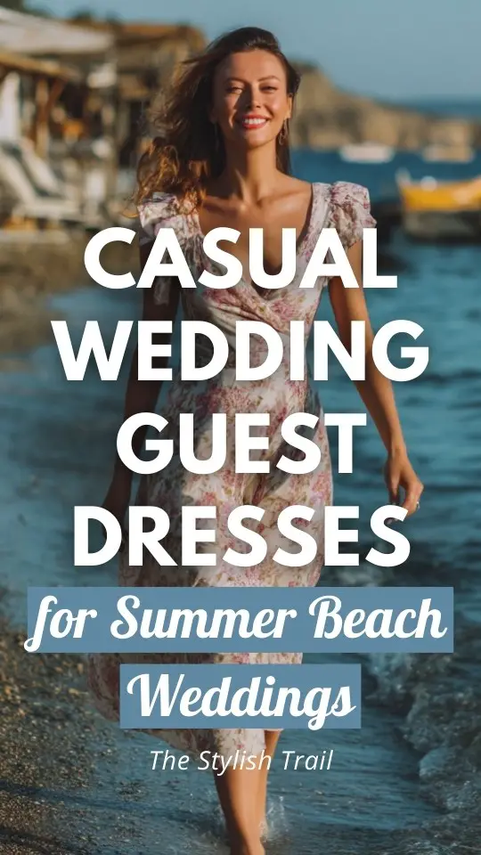 a woman wears a casual wedding guest dress for summer beach wedding