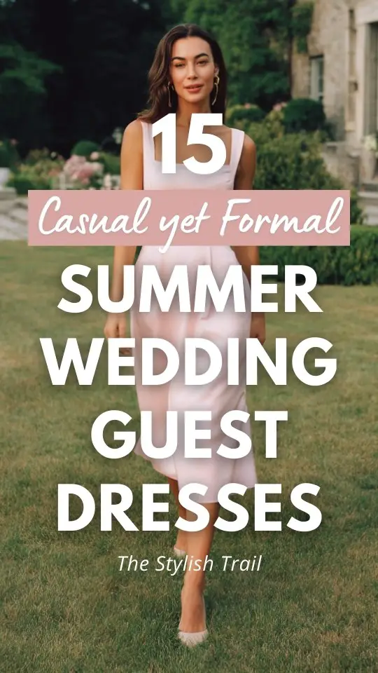 a woman wears a casual yet formal summer wedding guest dress