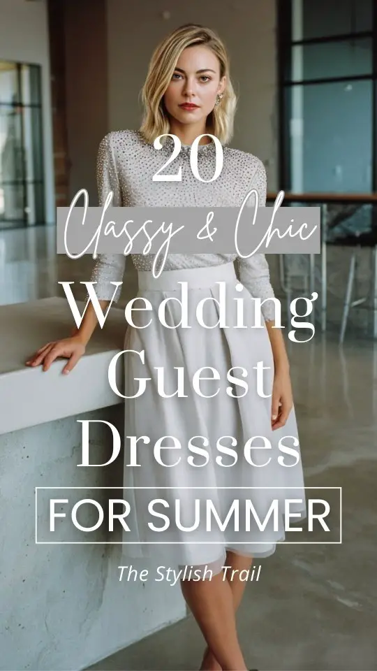 a woman wears a classy chic gray wedding guest dress for summer