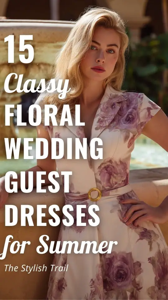 a woman wears a classy floral wedding guest dress for summer