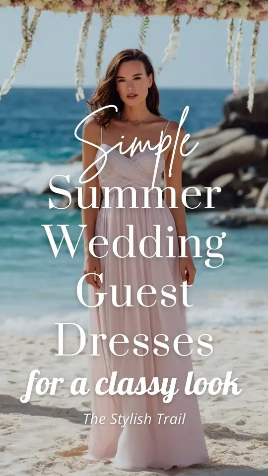 a woman wears a classy simple wedding guest dress for summer
