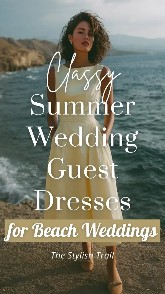 a woman wears a classy summer wedding guest dress for beach wedding