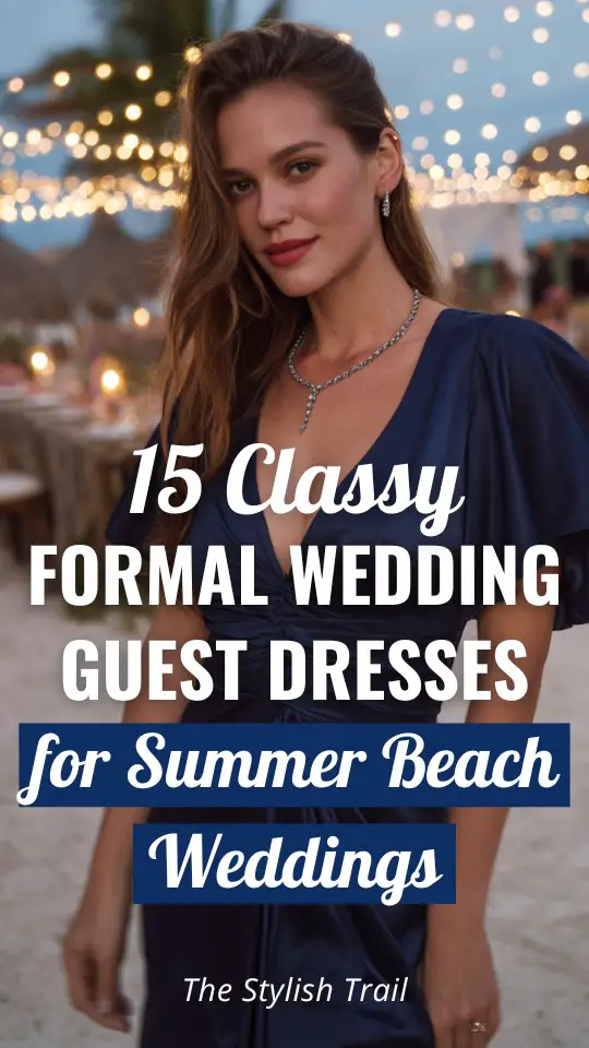 a woman wears a classy wedding guest dress for formal summer beach wedding