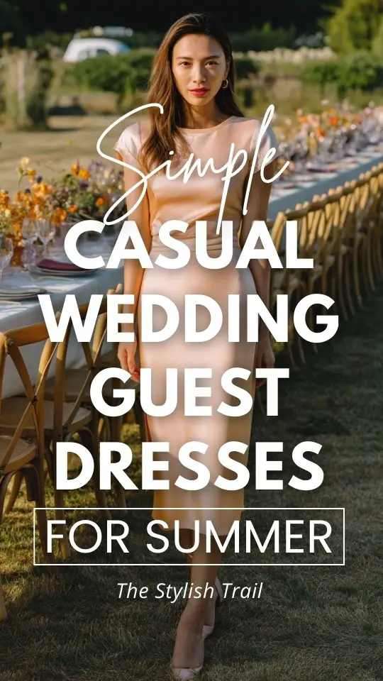 a woman wears a simple casual wedding guest dress for summer