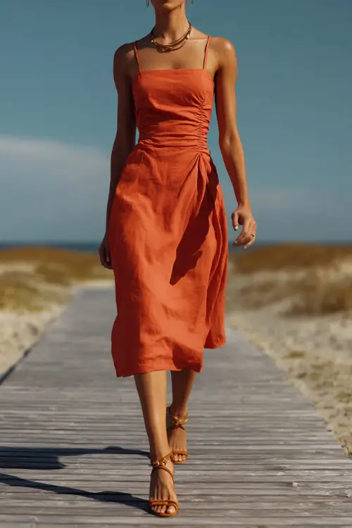 fashionable woman in a coral sleeveless midi dress with a gently pleated skirt and strappy sandals, walking down a boardwalk toward a beachside ceremony