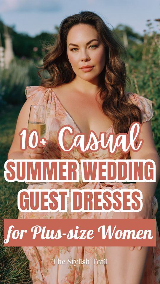 plus size woman wearing a casual summer wedding guest dress with asymmetrical ruffles and a thigh slit, soft pastel floral print