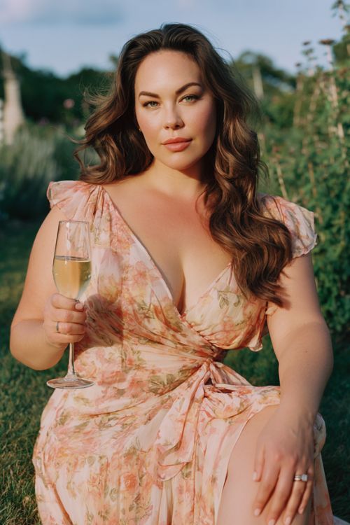 plus size woman wearing a casual summer wedding guest dress with asymmetrical ruffles and a thigh slit, soft pastel floral print