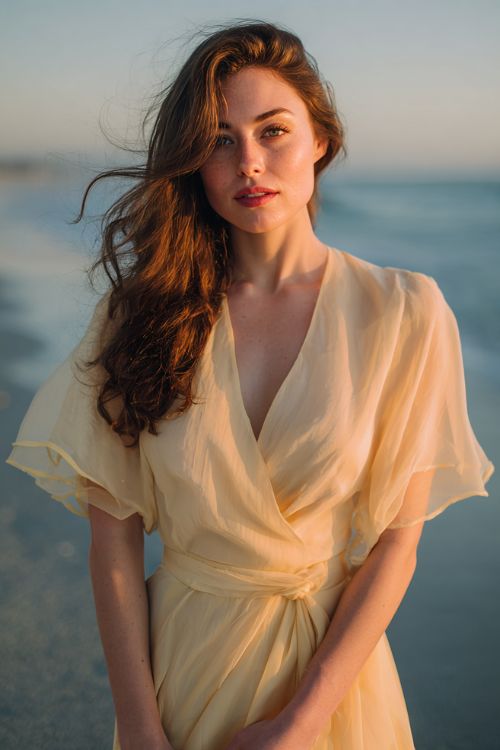 woman wearing a casual beach wedding guest dress for summer