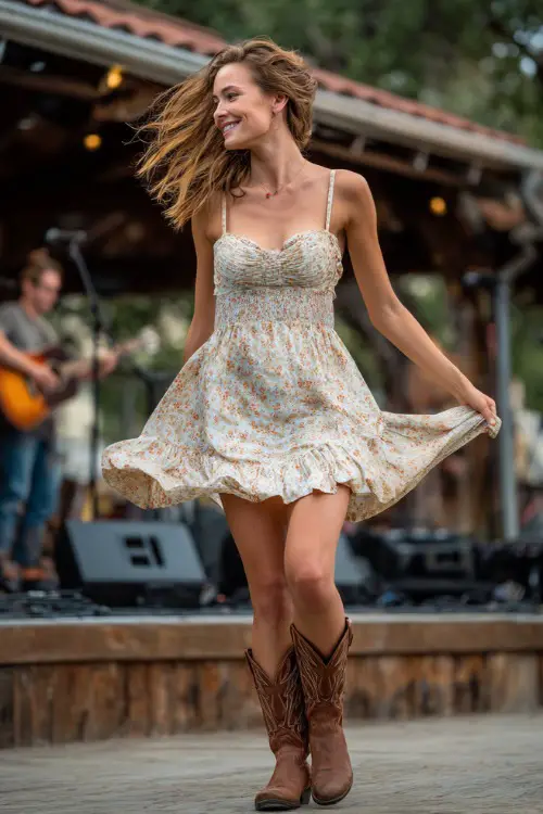 A carefree woman in a cotton sundress with tiny floral print and brown cowgirl boots, twirling slightly at a relaxed outdoor concert with a rustic stage behind her