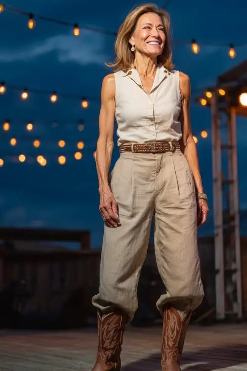A classy woman over 50 in beige linen trousers, a tucked-in sleeveless blouse, and brown cowboy boots with subtle detailing 