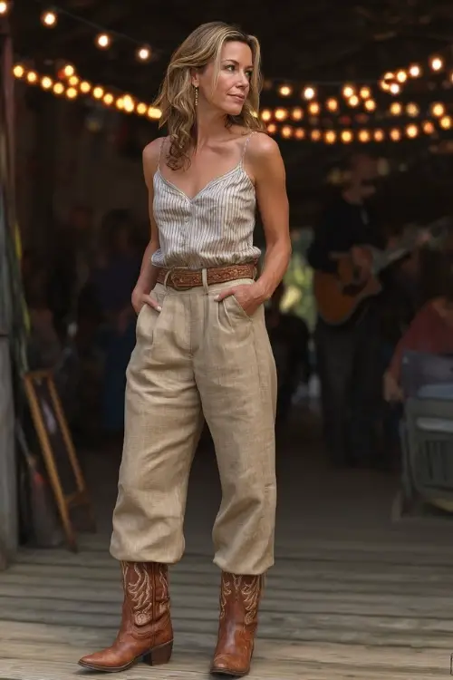 A classy woman over 50 in beige linen trousers, a tucked-in sleeveless blouse, and brown cowboy boots with subtle detailing, wearing pearl studs and a wide leather belt 