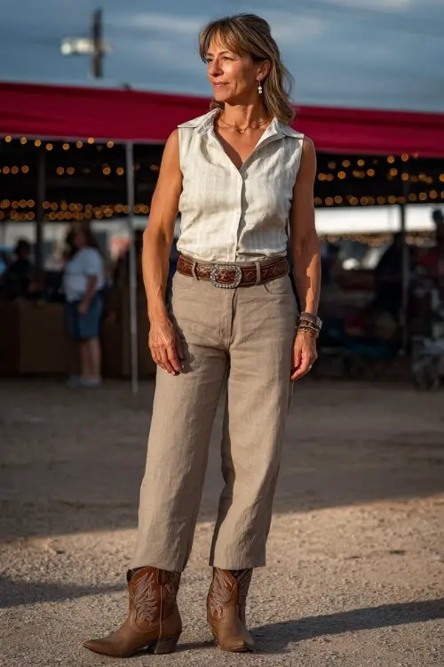 A classy woman over 50 in beige linen trousers, a tucked-in sleeveless blouse, and brown cowboy boots with subtle detailing