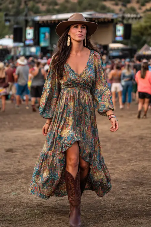 A confident woman in a flowy boho maxi dress with paisley print, styled with dark brown cowgirl boots, a felt hat, and long drop earrings 