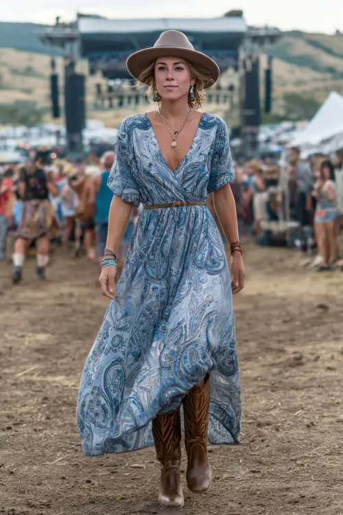 A confident woman in a flowy boho maxi dress with paisley print, styled with dark brown cowgirl boots, a felt hat, and long drop earrings 