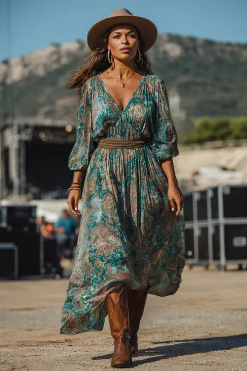 A confident woman in a flowy boho maxi dress with paisley print, styled with dark brown cowgirl boots, a felt hat, and long drop earrings