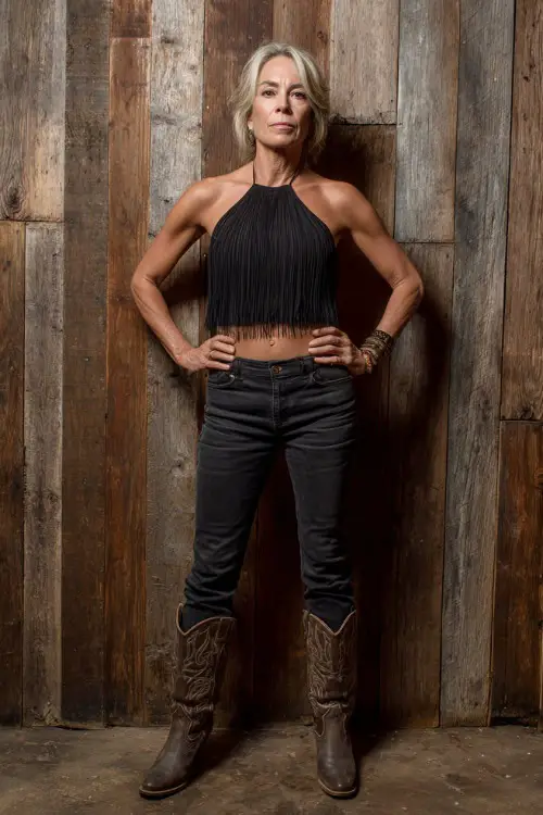 A confident woman over 40 in skinny black jeans, a fringed halter top, tall western boots, and a bold cuff bracelet 