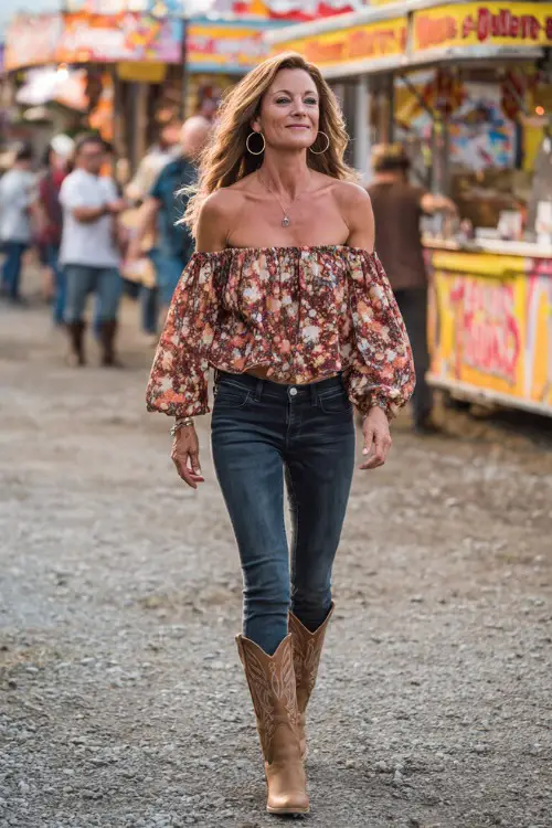 A confident woman over 40 styled in dark-wash skinny jeans, a flowy floral off-shoulder top, tan ankle cowboy boots, and gold hoop earrings, walking near food stalls at an outdoor country concert