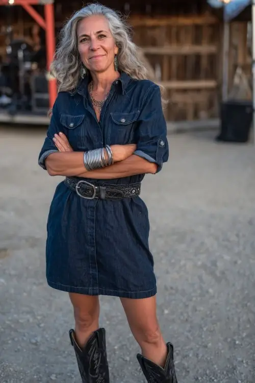A confident woman over 50 in a dark-wash denim dress with a belt at the waist, black leather cowboy boots, silver bangles, and soft waves in her hair 
