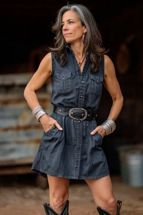 A confident woman over 50 in a dark-wash denim dress with a belt at the waist, black leather cowboy boots, silver bangles, and soft waves in her hair
