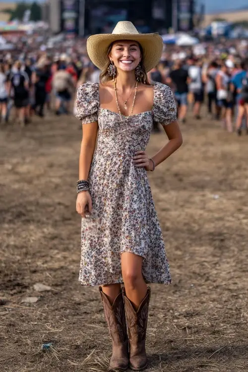 A confident woman over 50 wearing a flowy floral midi dress with puff sleeves and brown cowboy boots, accessorized with a wide-brim straw hat and beaded earrings 