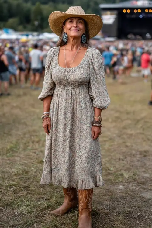 A confident woman over 50 wearing a flowy floral midi dress with puff sleeves and brown cowboy boots, accessorized with a wide-brim straw hat and beaded earrings