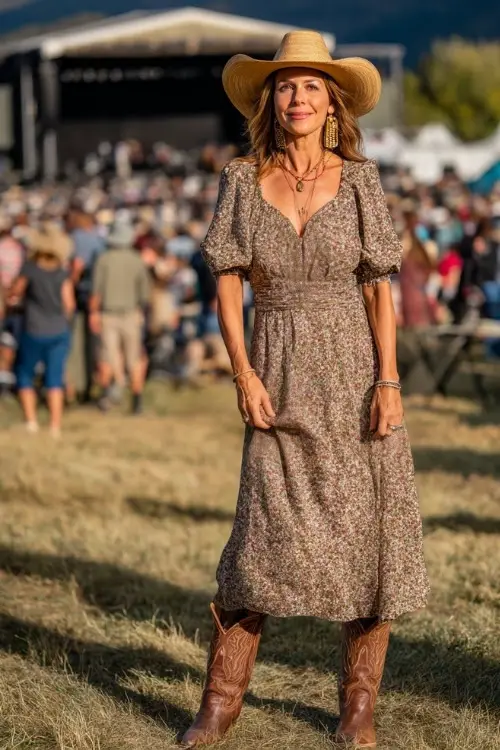 A confident woman over 50 wearing a flowy floral midi dress with puff sleeves and brown cowboy boots