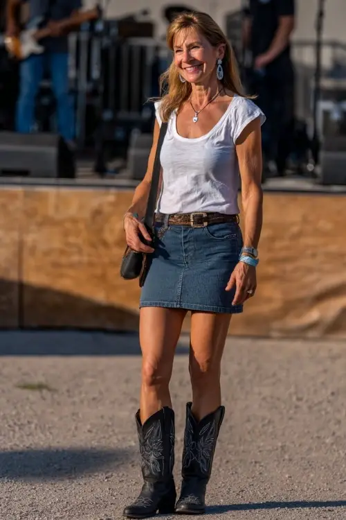 A fashionable woman over 50 in a midi denim skirt, short-sleeve linen top, and classic black cowboy boots 