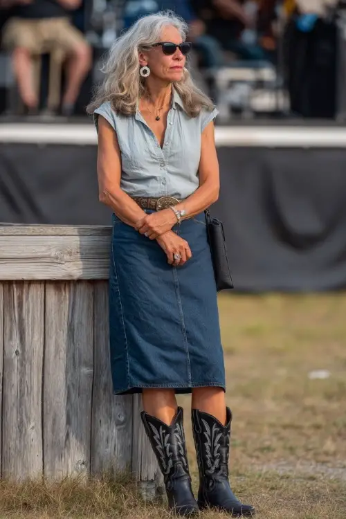 A fashionable woman over 50 in a midi denim skirt, short-sleeve linen top, and classic black cowboy boots, accessorized with silver hoop earrings and a wristlet bag 