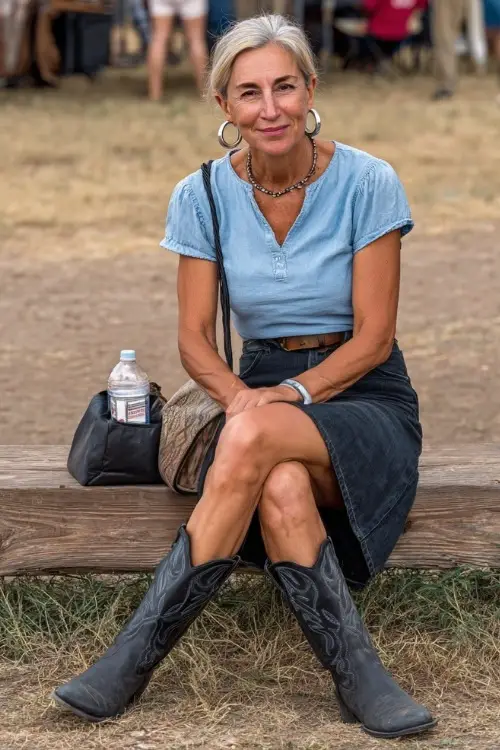 A fashionable woman over 50 in a midi denim skirt, short-sleeve linen top, and classic black cowboy boots