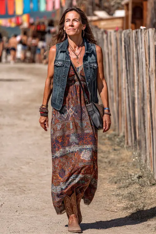 A fashionable woman over 50 wearing a boho-style maxi dress in earthy tones, layered with a denim vest and paired with embroidered cowboy boots 