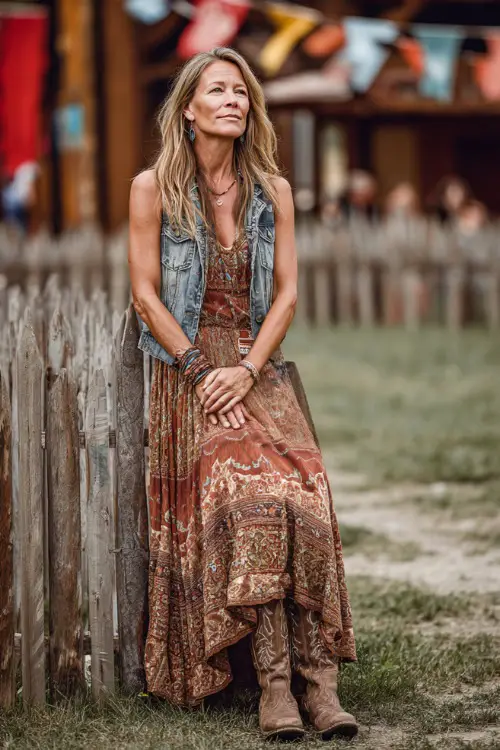 A fashionable woman over 50 wearing a boho-style maxi dress in earthy tones, layered with a denim vest and paired with embroidered cowboy boots 