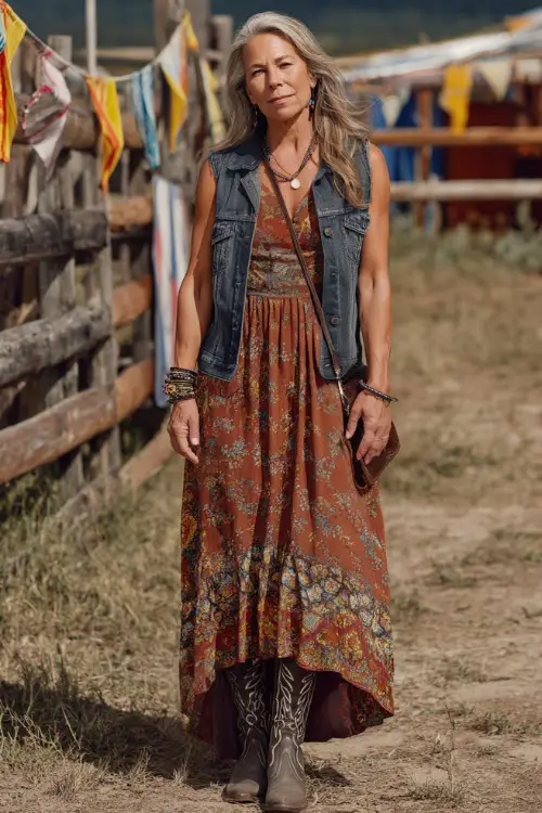 A fashionable woman over 50 wearing a boho-style maxi dress in earthy tones, layered with a denim vest and paired with embroidered cowboy boots 